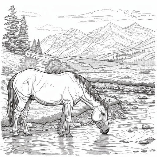 Horse drinking water from a river with mountains in the background