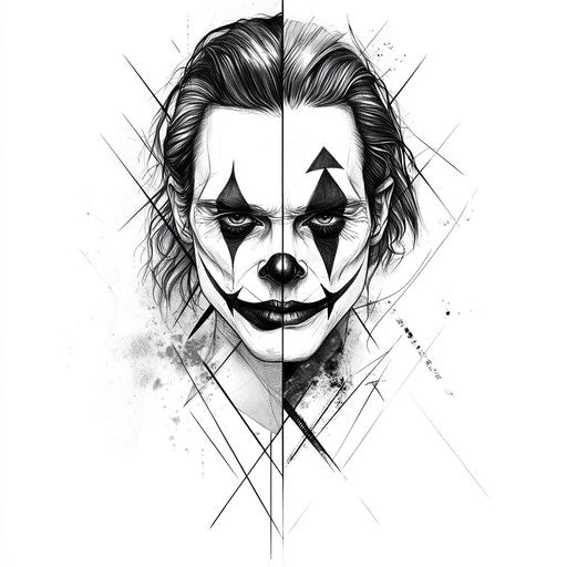 Joker face split into geometric and realistic halves tattoo