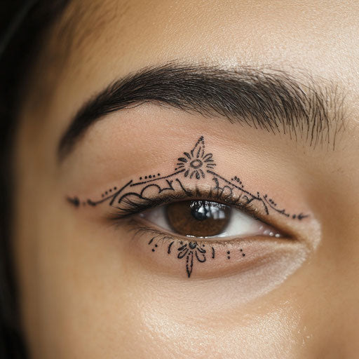 Brow tattoo with mandala-inspired patterns above the brow