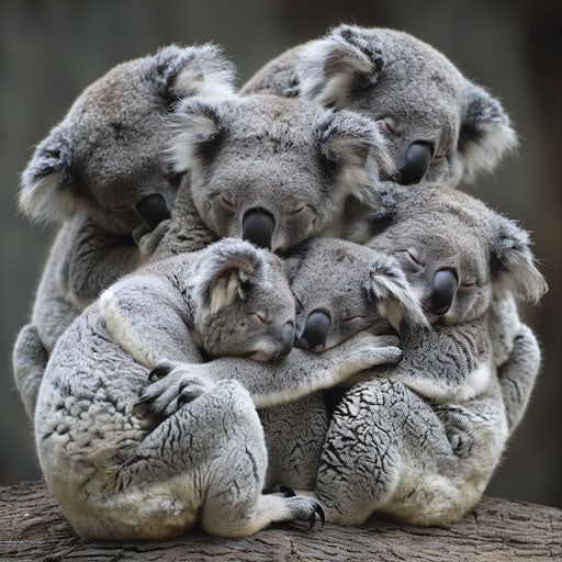 Group of koalas in a cozy huddle, social behavior in their natural habitat