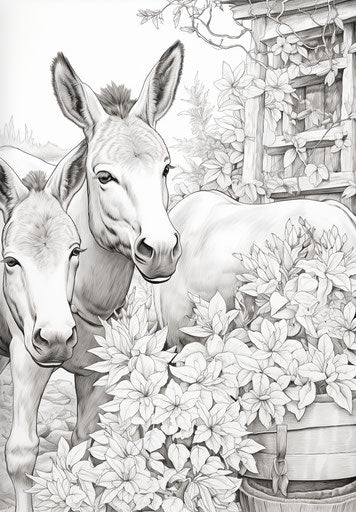 Donkeys with flowers coloring page in the style of Guido Borelli Da Caluso