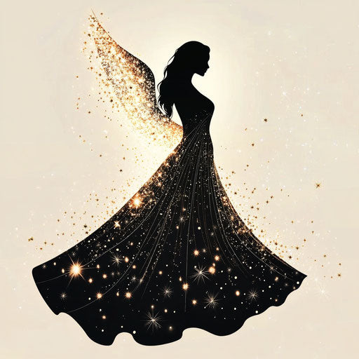 Modern interpretation of a Christmas angel, silhouette formed by minimalist lines surrounded by abstract stars