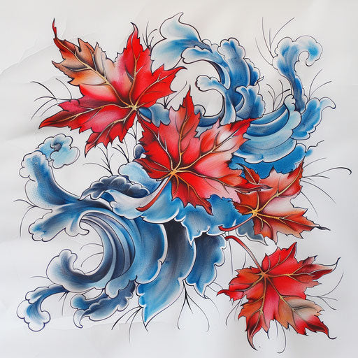 Maple leaf with waves in traditional Japanese tattoo style