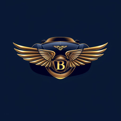 Luxury car logo with gold emblem and cursive font on deep blue background