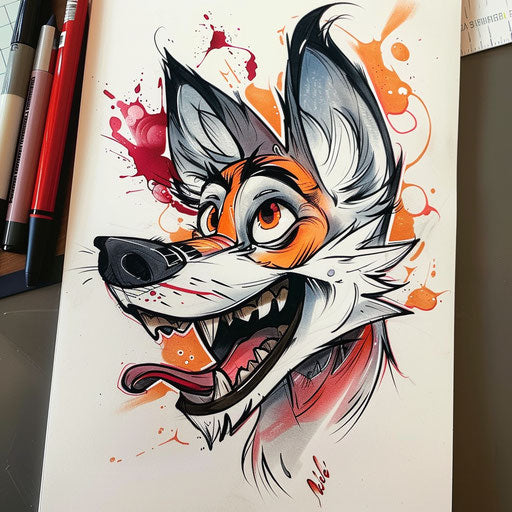 Playful wolf tattoo sketch in cartoon style