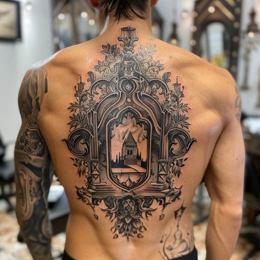 Gothic cover up tattoo in the style of Glenn Fabry