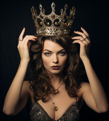 Woman holding crown, princesscore style, expressive body language, whimsical humor