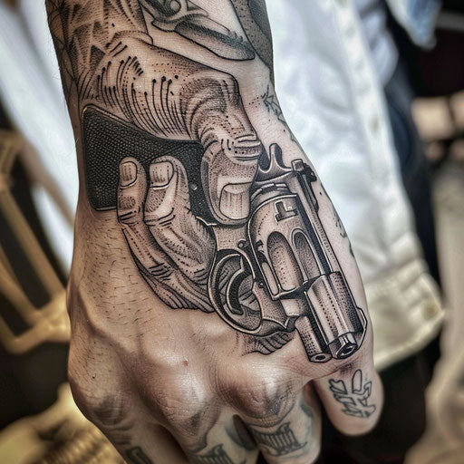 Detailed tattoo of a gangster hand holding a revolver