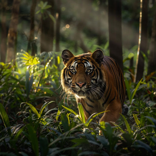 Majestic tiger hunting in Sumatra jungle at dusk