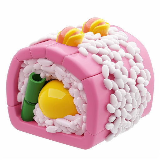 Pink sushi roll with white rice, green bamboo shoots and yellow egg