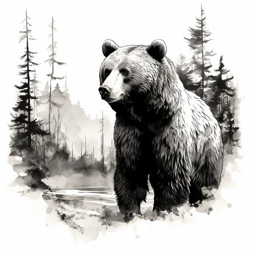 Ink drawing of a bear and trees, realistic illustration
