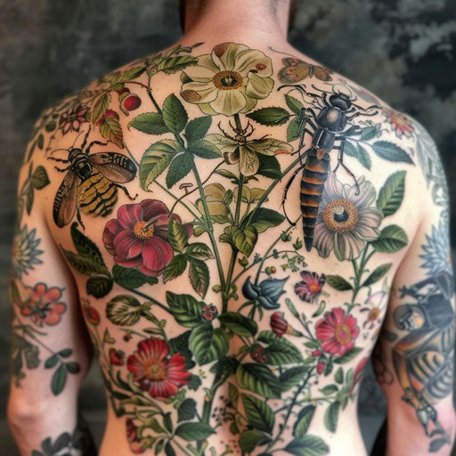 Botanical back tattoos for men with exotic flowers