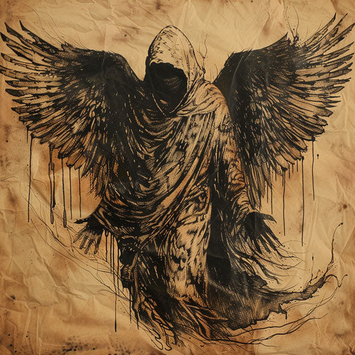 Rustic tattoo sketch of the angel of death with woodcut textures