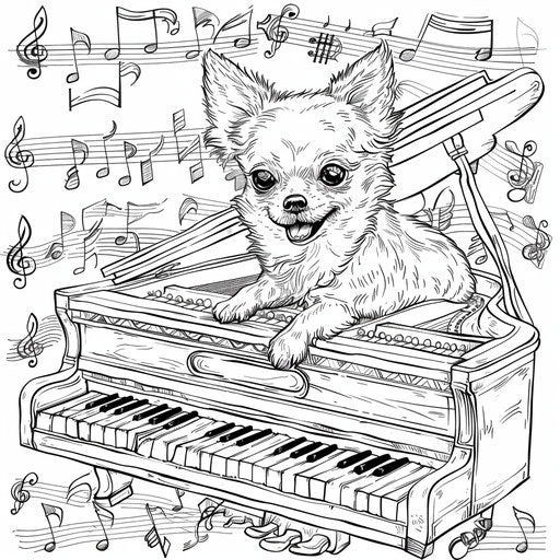 A whimsical Chihuahua playing the piano, surrounded by musical notes. Coloring book page