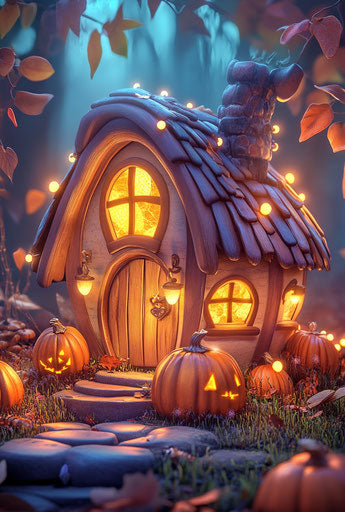 Pumpkin house with lights, cartoon style, cute autumn