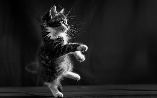 Black and white kitten jumping on dark background, Associated Press style, bold gestures 35:22