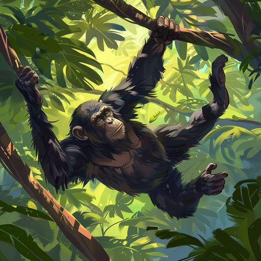 Swinging chimpanzee in lush jungle canopy