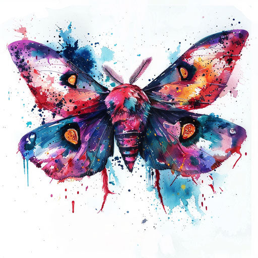 Abstract interpretation of a death moth tattoo with splashes of colors, designed on a white base.