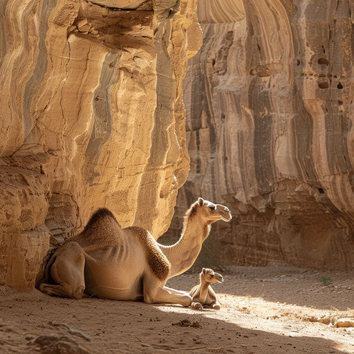 A mother camel shelters her calf from the sun under a rock