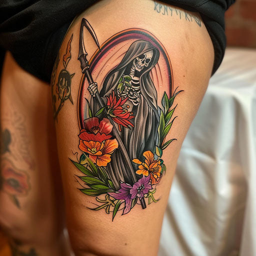 Neo-traditional reaper tattoo with colorful floral background