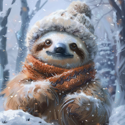 A sloth exploring a snowy landscape, bundled up in a cozy scarf and hat