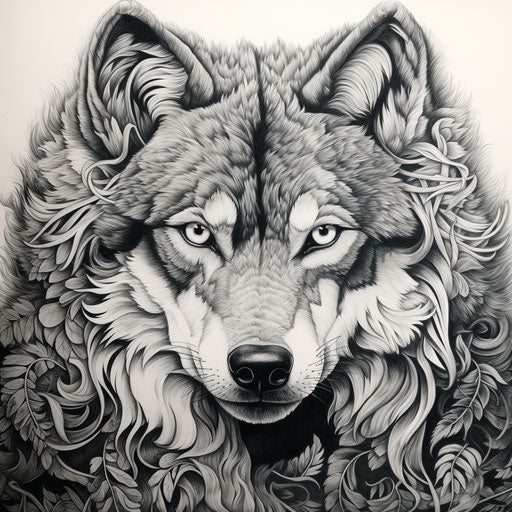 Realistic black and white wolf coloring page