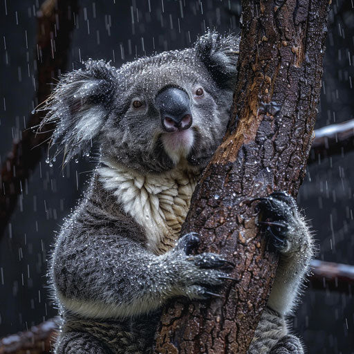 Rain-drenched koala, water droplets on fur, dramatic weather conditions