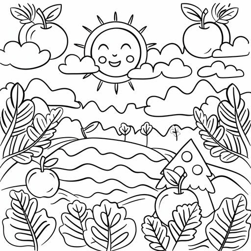 Apples, sun, and clouds for kids. Coloring page