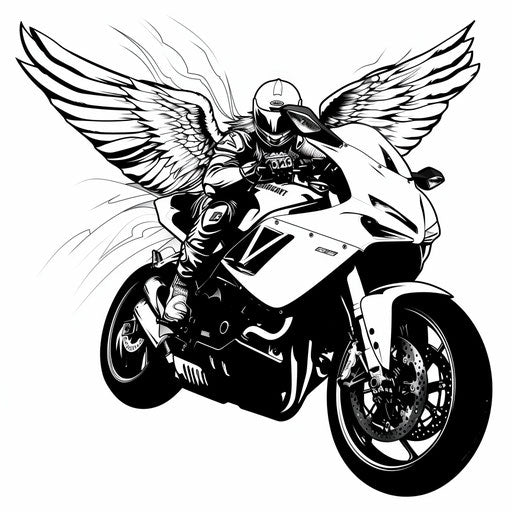 Minimalist line art of Archangel Michael and a modern motorcycle