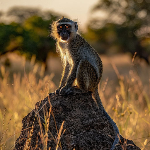 Vervet monkey on termite mound, alert in morning light