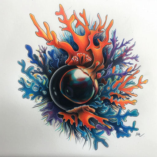 Black pearl surrounded by a burst of colorful coral