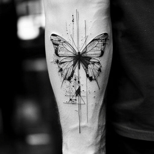 Butterfly tattoo on forearm with abstract geometry