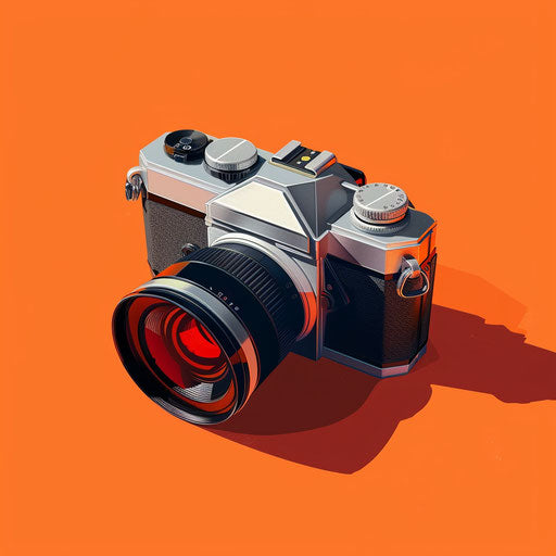 Realistic camera clipart on a sunset orange background