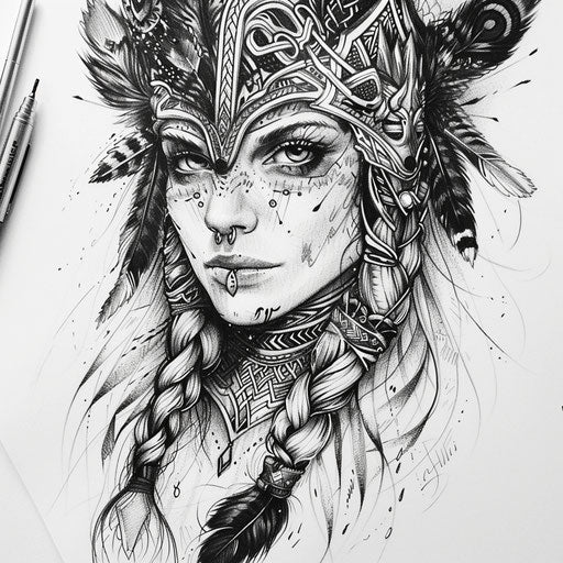 Exotic flat tattoo sketch of Freya adorned with traditional Sami patterns and attire