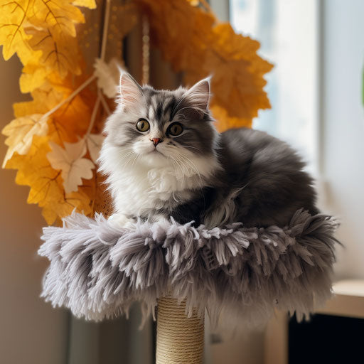 Grey and white kitten on cat tree, calming effect, princesscore, wavy, frayed