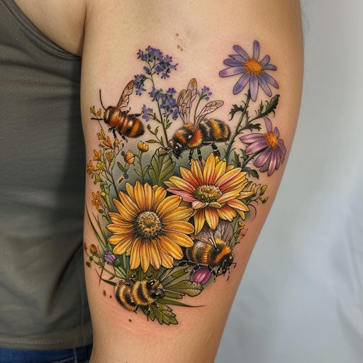Wildflower tattoo with bees, detailed flowers, realistic bees
