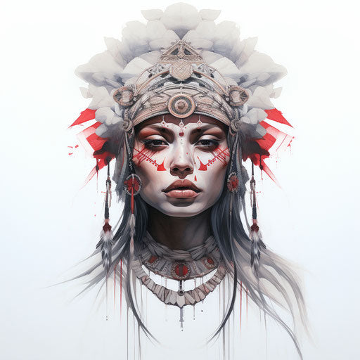 Native girl head design, white-red style, feather details