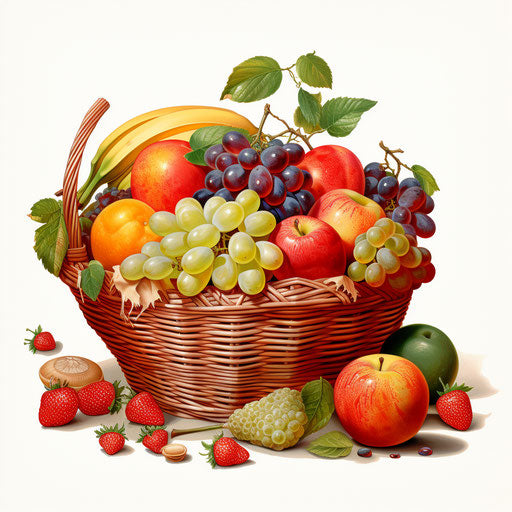 Fruit basket clipart in the style of Oil painting, on a white background