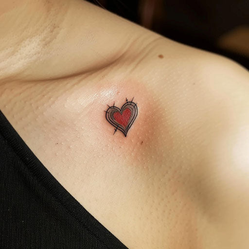 Simple tattoo of a tiny heart, in the style of Ed Hardy, on the shoulder