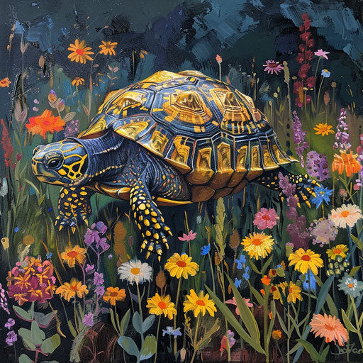 A yellow spotted turtle explores a colorful meadow