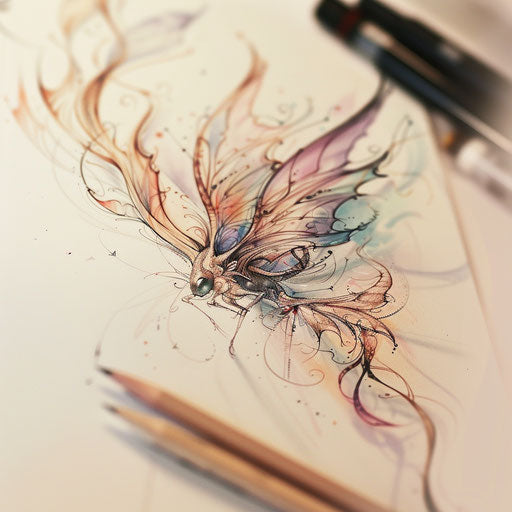Sketch of a mystical fairy tattoo with wings, soft pastels and delicate lines