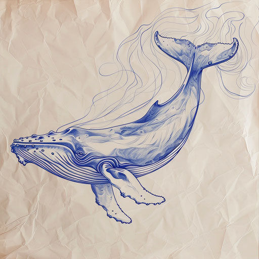 Graceful sketch of a humpback whale with flowing, water-inspired lines in indigo