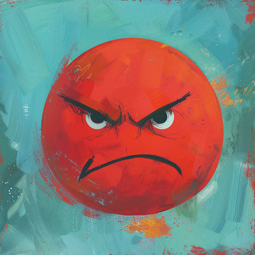 Red angry face on blue background, light orange and light green style