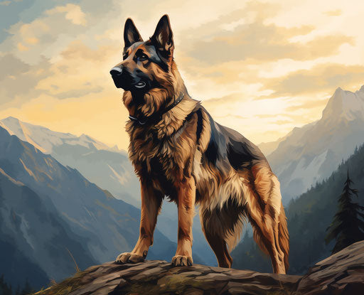german shepherd on high ground, vibrant and dark colors, mountain vistas