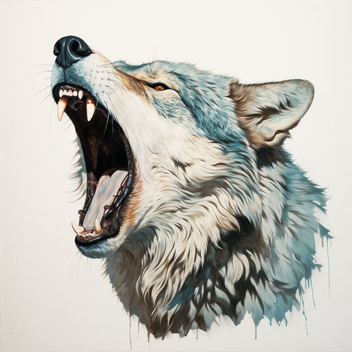 Howling wolf drawing on white background, dark cyan and light brown style, detailed illustrations, light maroon and light gray, close-up intensity, tooth