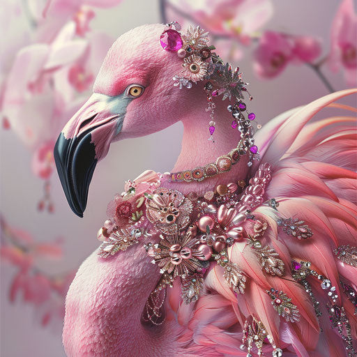 Flamingo adorned with high-fashion jewelry and accessories