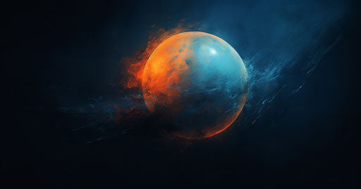 Blue sphere on dark background, gigantic scale, prehistoric art