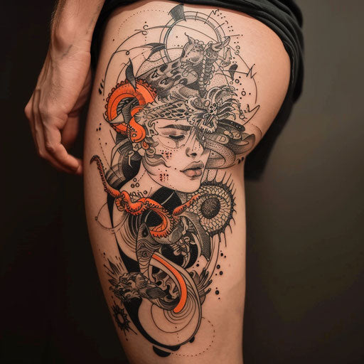 Men's thigh tattoos with surreal dreamscapes
