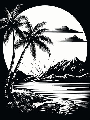 Isolated tropical island with palm trees and sun in black and white