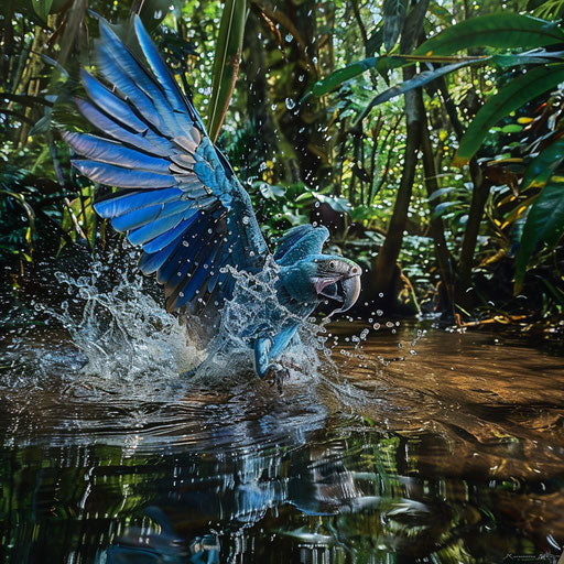 Spix's macaw playing in a crystal-clear stream